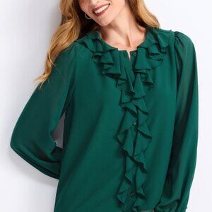 Ciel Chiffon Ruffle Button Front Blouse Green XXL NWT